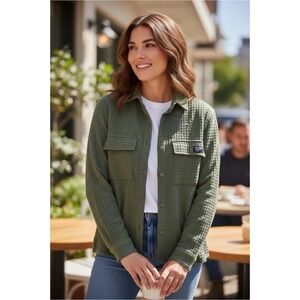 DRL Essentials Waffle Knit Button Down Shirt Jacket Deep Green Size Medium